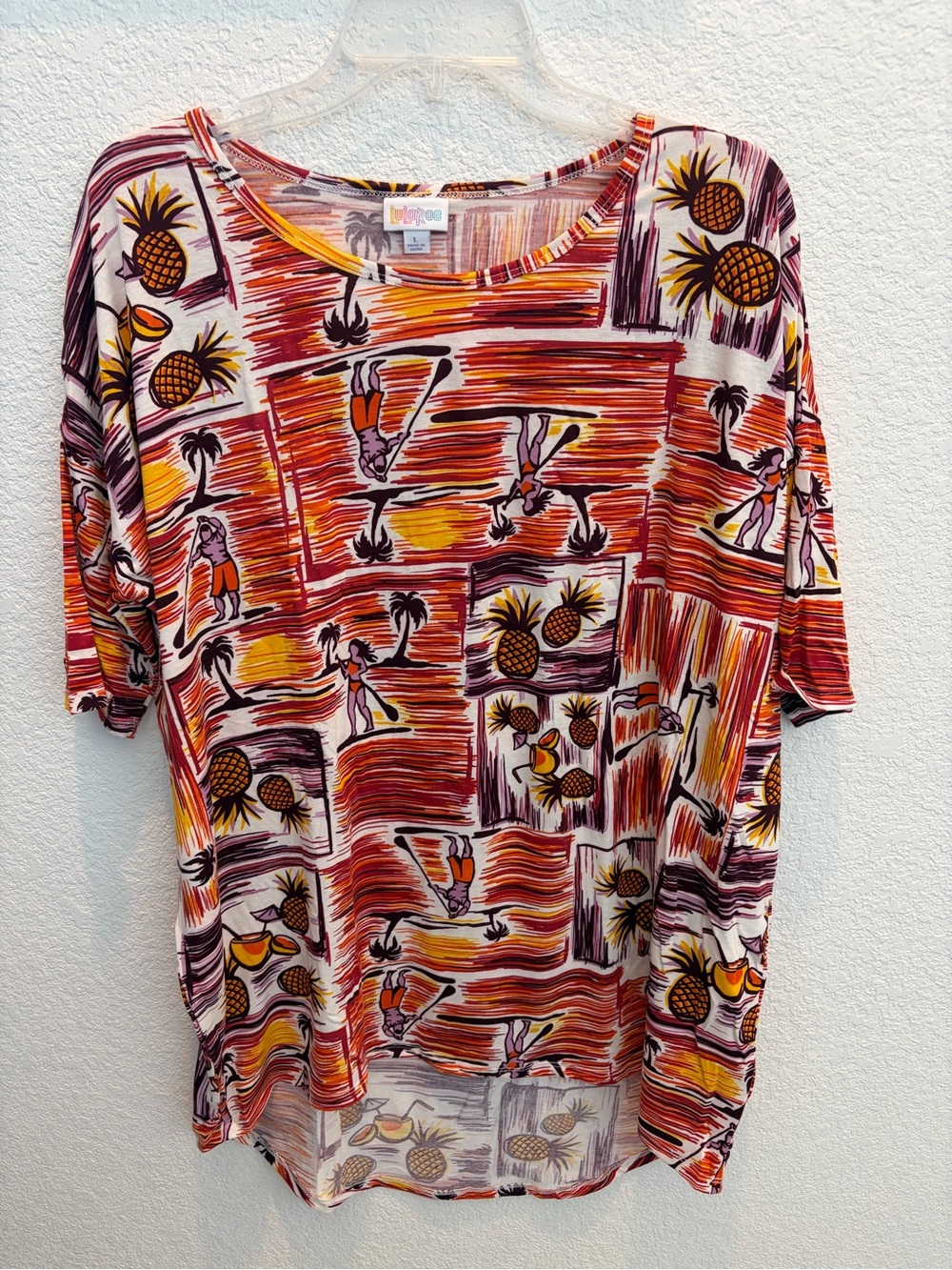 LuLaRoe Irma Women's Tropical Pineapple Print Top - Red, Orange, Yellow